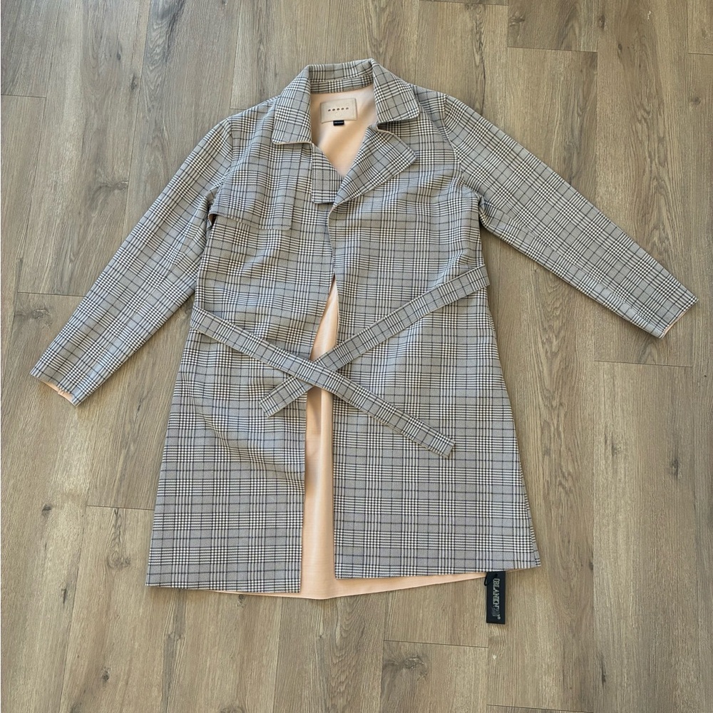 Blank NYC Plaid Trench Coat in Gray and Cream